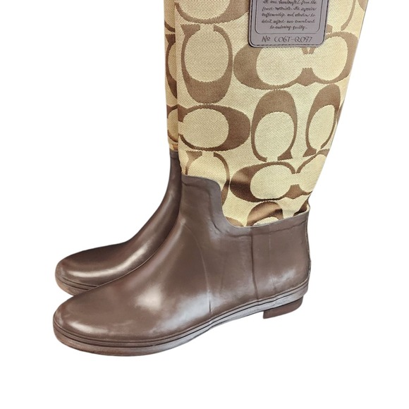 Coach Rain Boots Womens Signature Logo Brown Tall Waterproof Designer Shoes - Picture 1 of 13